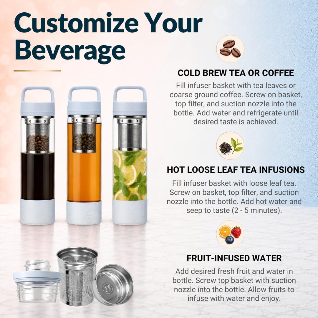 Farasi Loose Leaf Tea Infuser Bottle Wide Mouth Coffee, Fruit, Insulated Stainless Steel Water Bottle Infuser Tumbler - Leakproof Built In Handle Travel Mug Pink Floral 24 oz