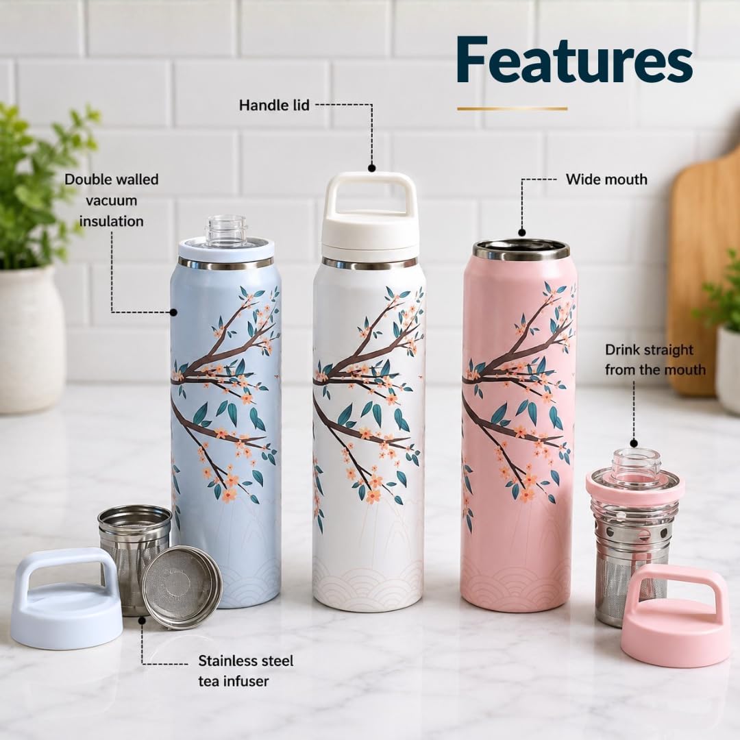 Farasi Loose Leaf Tea Infuser Bottle Wide Mouth Coffee, Fruit, Insulated Stainless Steel Water Bottle Infuser Tumbler - Leakproof Built In Handle Travel Mug Pink Floral 24 oz