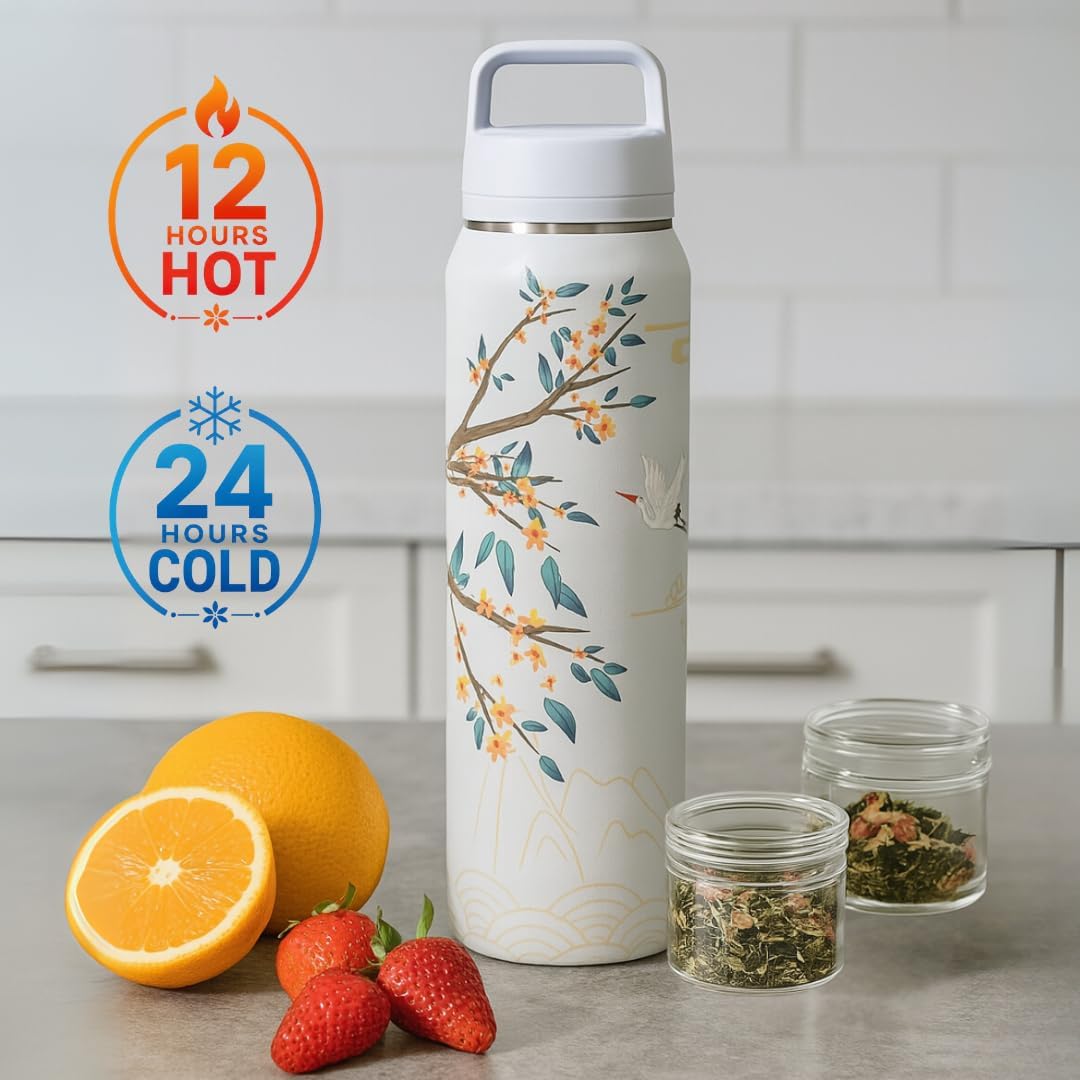 Farasi Loose Leaf Tea Infuser Bottle Wide Mouth Coffee, Fruit, Insulated Stainless Steel Water Bottle Infuser Tumbler - Leakproof Built In Handle Travel Mug Pink Floral 24 oz
