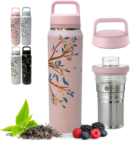 Farasi Loose Leaf Tea Infuser Bottle Wide Mouth Coffee, Fruit, Insulated Stainless Steel Water Bottle Infuser Tumbler - Leakproof Built In Handle Travel Mug Pink Floral 24 oz