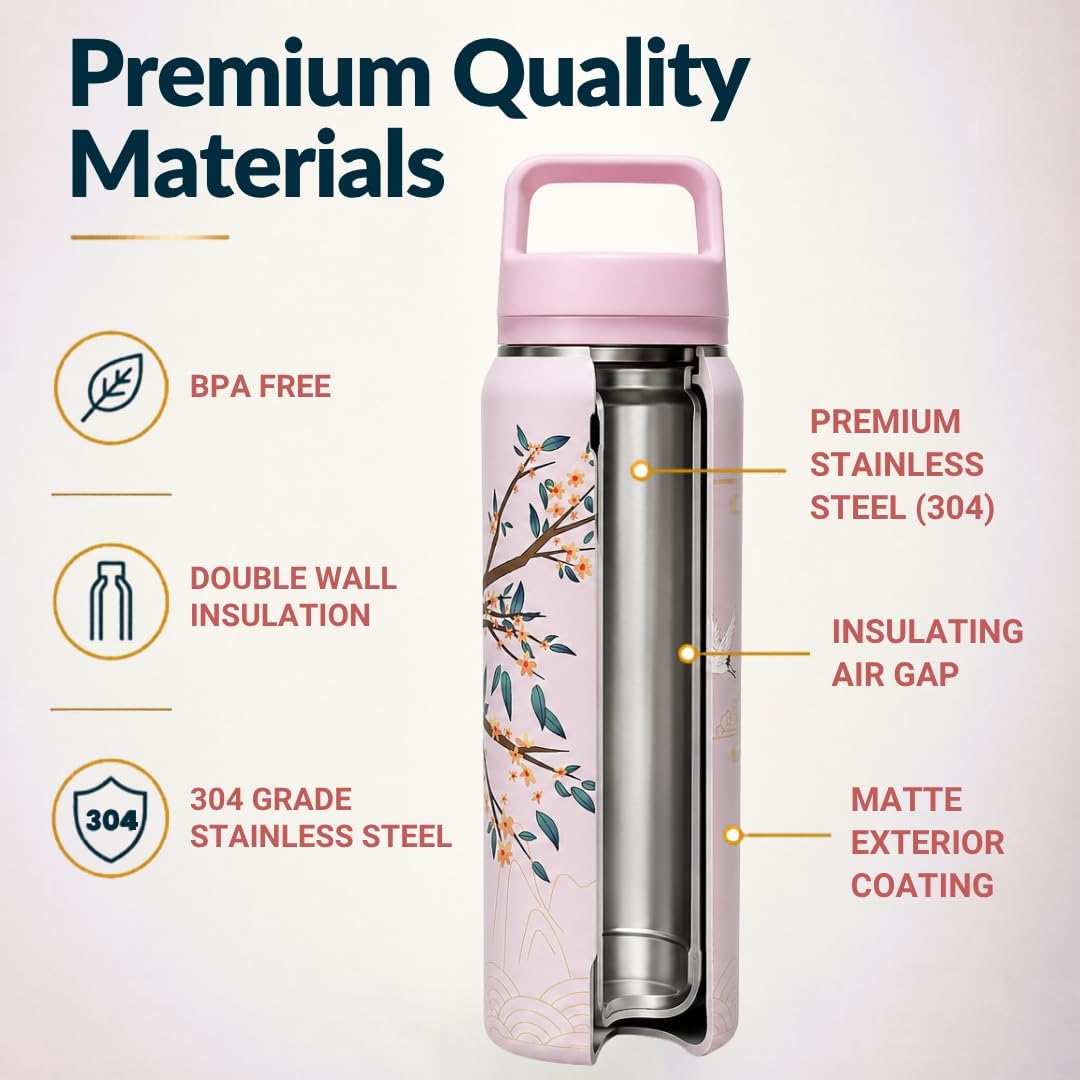 Farasi Loose Leaf Tea Infuser Bottle Wide Mouth Coffee, Fruit, Insulated Stainless Steel Water Bottle Infuser Tumbler - Leakproof Built In Handle Travel Mug Pink Floral 24 oz