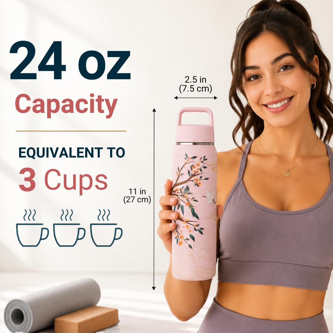 Farasi Loose Leaf Tea Infuser Bottle Wide Mouth Coffee, Fruit, Insulated Stainless Steel Water Bottle Infuser Tumbler - Leakproof Built In Handle Travel Mug Pink Floral 24 oz
