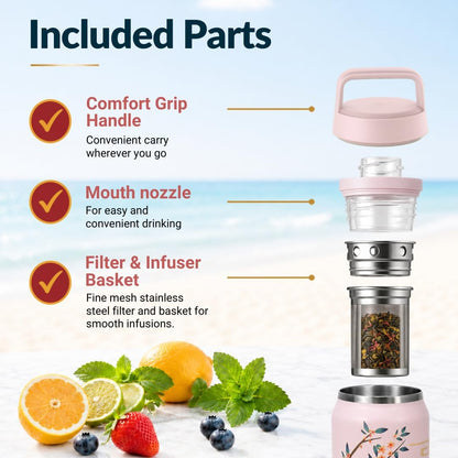 Farasi Loose Leaf Tea Infuser Bottle Wide Mouth Coffee, Fruit, Insulated Stainless Steel Water Bottle Infuser Tumbler - Leakproof Built In Handle Travel Mug Pink Floral 24 oz