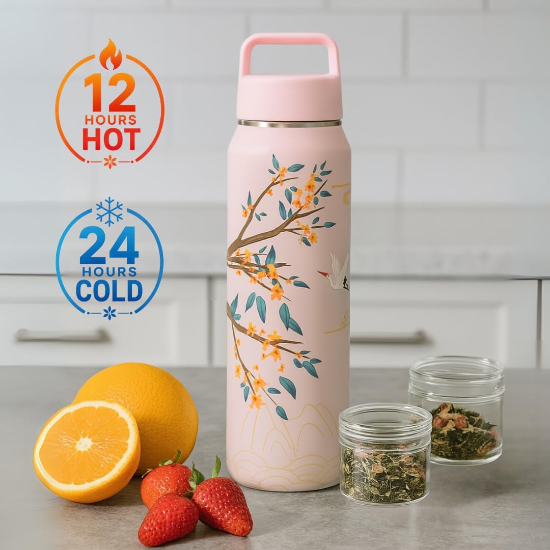 Farasi Loose Leaf Tea Infuser Bottle Wide Mouth Coffee, Fruit, Insulated Stainless Steel Water Bottle Infuser Tumbler - Leakproof Built In Handle Travel Mug Pink Floral 24 oz
