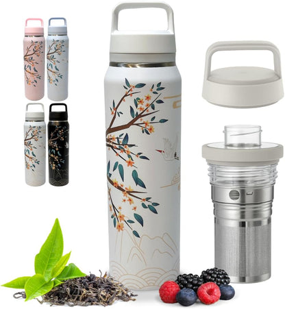 Farasi Loose Leaf Tea Infuser Bottle Wide Mouth Coffee, Fruit, Insulated Stainless Steel Water Bottle Infuser Tumbler - Leakproof Built In Handle Travel Mug Pink Floral 24 oz