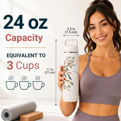 Farasi Loose Leaf Tea Infuser Bottle Wide Mouth Coffee, Fruit, Insulated Stainless Steel Water Bottle Infuser Tumbler - Leakproof Built In Handle Travel Mug Pink Floral 24 oz