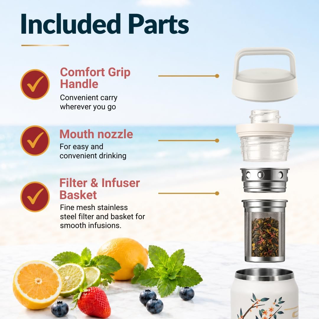 Farasi Loose Leaf Tea Infuser Bottle Wide Mouth Coffee, Fruit, Insulated Stainless Steel Water Bottle Infuser Tumbler - Leakproof Built In Handle Travel Mug Pink Floral 24 oz
