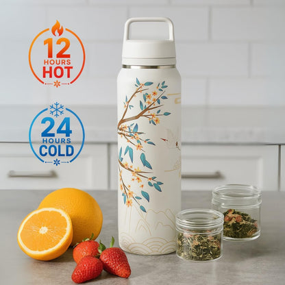 Farasi Loose Leaf Tea Infuser Bottle Wide Mouth Coffee, Fruit, Insulated Stainless Steel Water Bottle Infuser Tumbler - Leakproof Built In Handle Travel Mug Pink Floral 24 oz