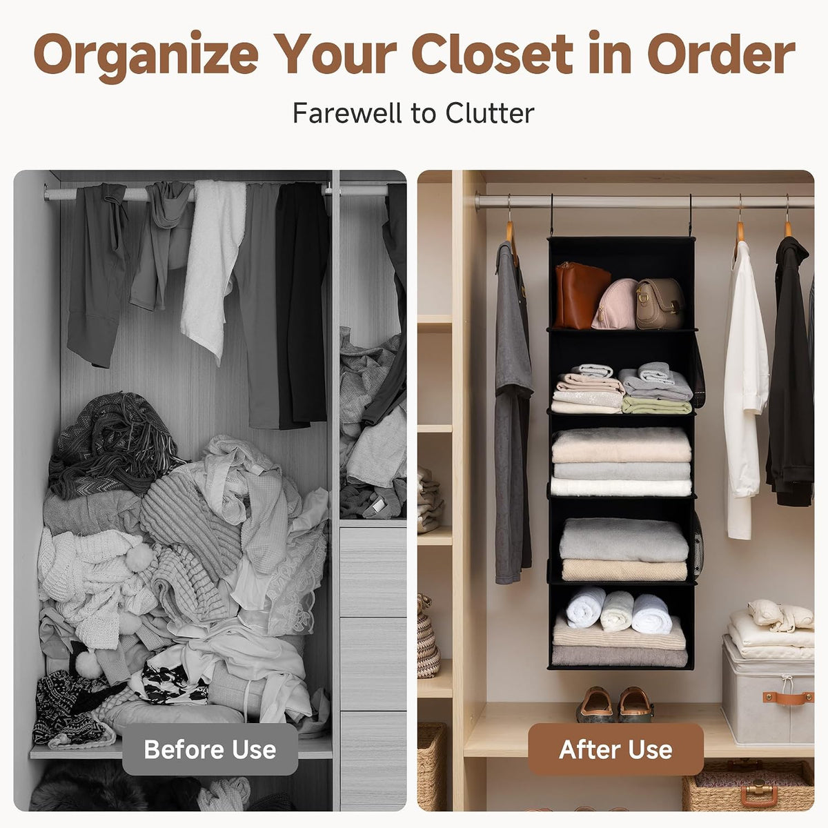 Hanging Closet Organizer for Small Closets, 5 Shelf