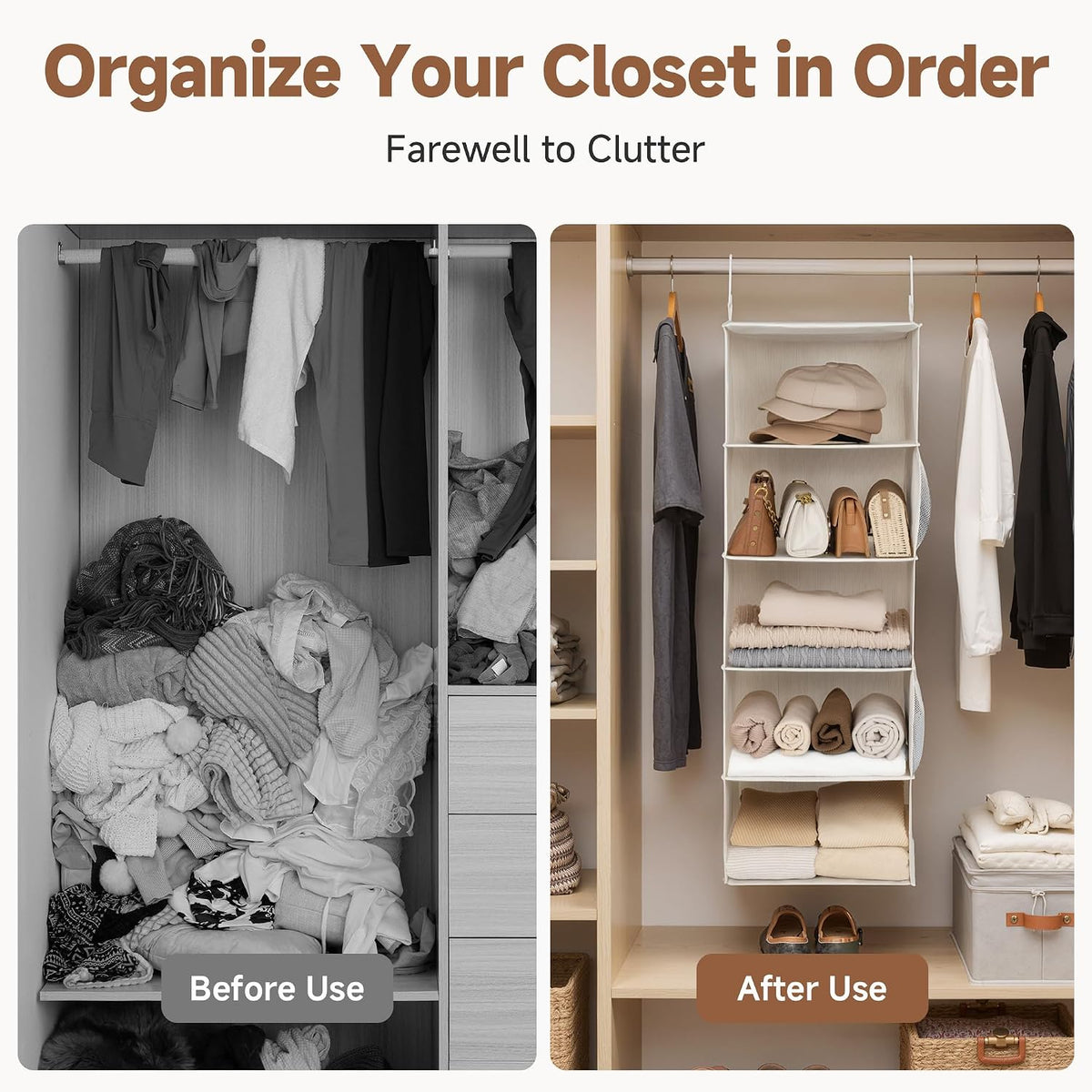 Hanging Closet Organizer for Small Closets, 5 Shelf