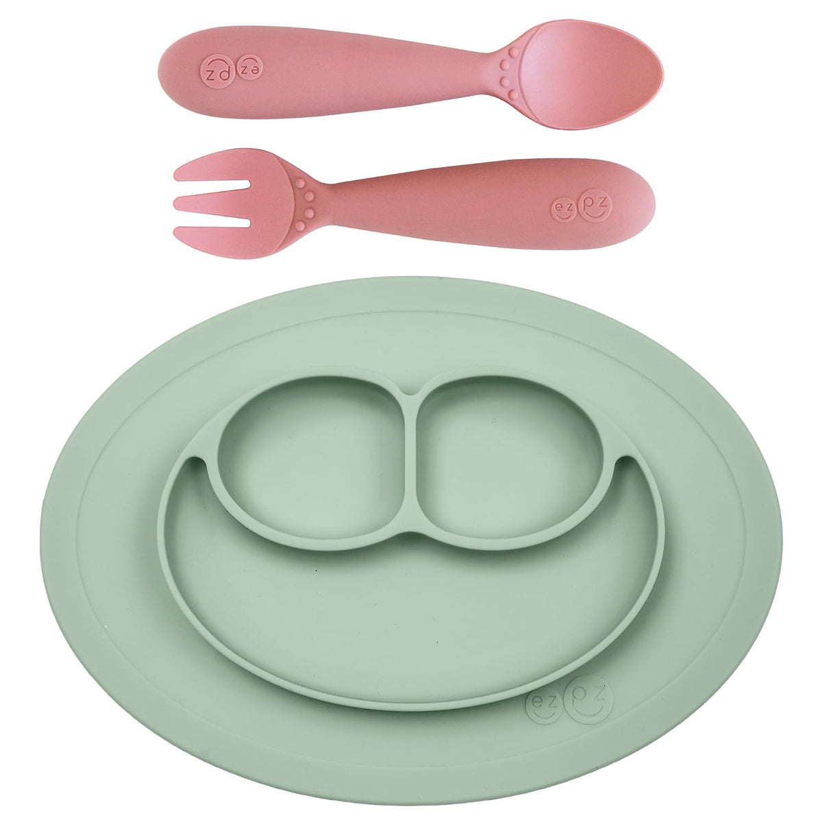 Mini Mat (Sage) + Mini Utensils (Fork & Spoon in Blush) - Toddler essentials mat and spoon
