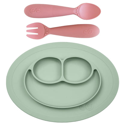 Mini Mat (Sage) + Mini Utensils (Fork & Spoon in Blush) - Toddler essentials mat and spoon