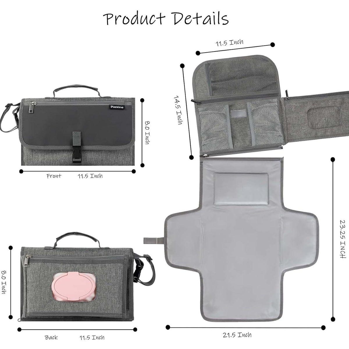 Baby Portable Diaper Changing Pad - Baby Diaper Changer Travel Bag with Wipes Pocket, Smart Design Portable Changing Mat, Infant Travel Station Kit, Gift for Newborn Girl & Boy - Grey
