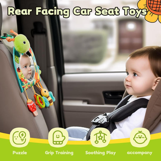 Infant Car Seat Toy - Kick and Play Activity Center with Mirror, Teether and Crinkle Paper, Fun Travel Baby Toy for Rear Car Seat, Easier Drive with Newborns, Babies