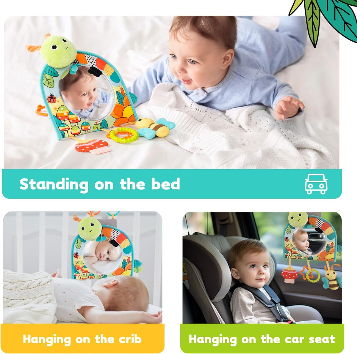 Infant Car Seat Toy - Kick and Play Activity Center with Mirror, Teether and Crinkle Paper, Fun Travel Baby Toy for Rear Car Seat, Easier Drive with Newborns, Babies