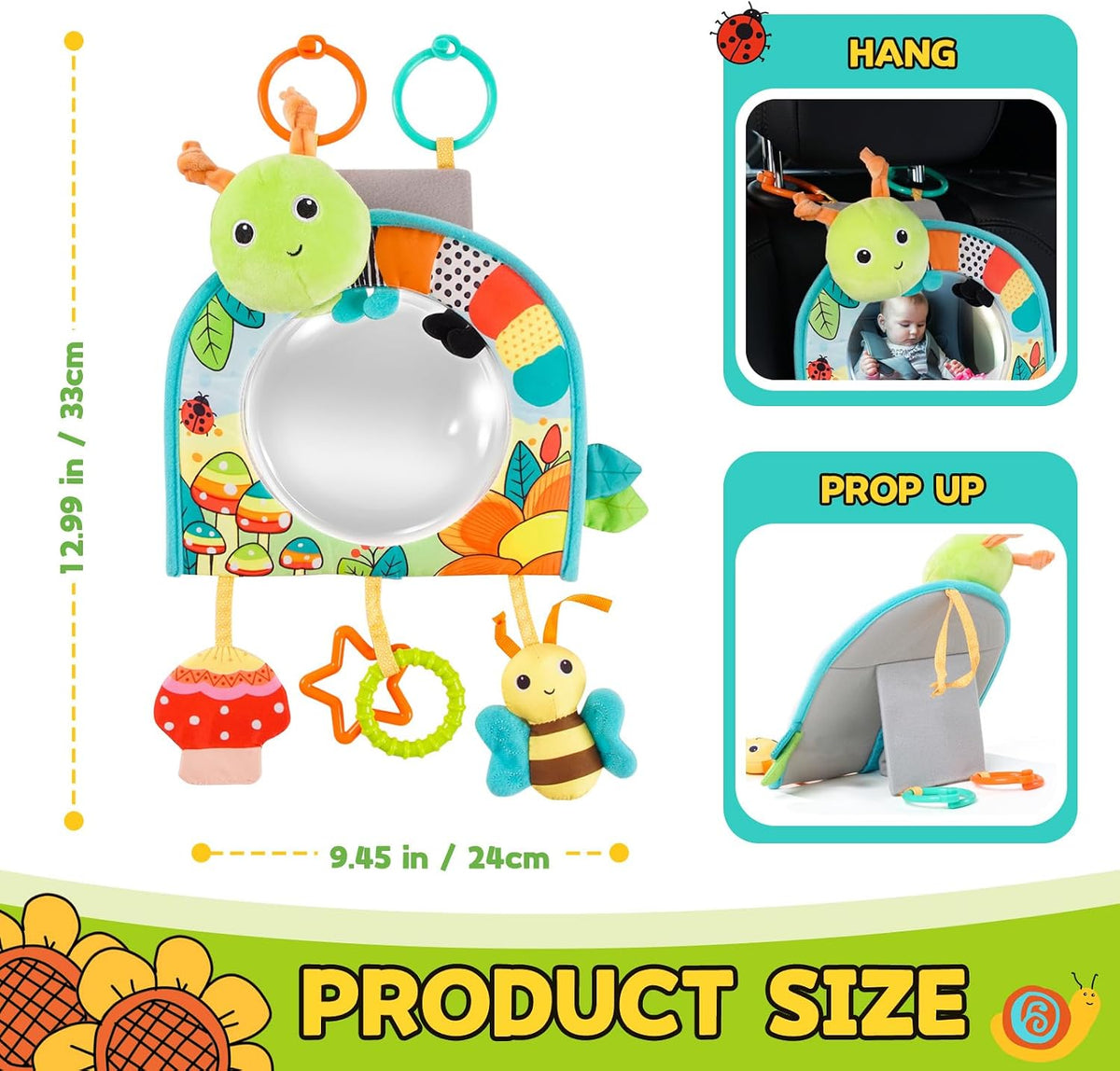 Infant Car Seat Toy - Kick and Play Activity Center with Mirror, Teether and Crinkle Paper, Fun Travel Baby Toy for Rear Car Seat, Easier Drive with Newborns, Babies