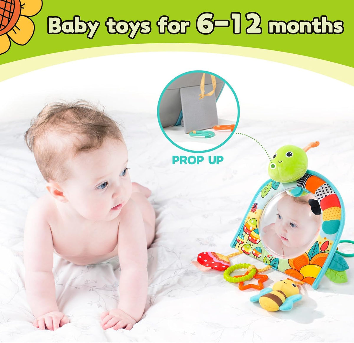 Infant Car Seat Toy - Kick and Play Activity Center with Mirror, Teether and Crinkle Paper, Fun Travel Baby Toy for Rear Car Seat, Easier Drive with Newborns, Babies