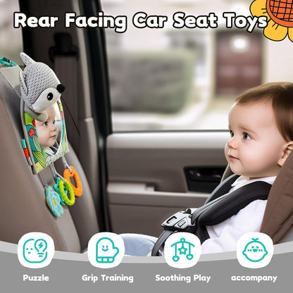 Infant Car Seat Toy - Kick and Play Activity Center with Mirror, Teether and Crinkle Paper, Fun Travel Baby Toy for Rear Car Seat, Easier Drive with Newborns, Babies