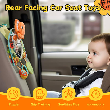 Infant Car Seat Toy - Kick and Play Activity Center with Mirror, Teether and Crinkle Paper, Fun Travel Baby Toy for Rear Car Seat, Easier Drive with Newborns, Babies
