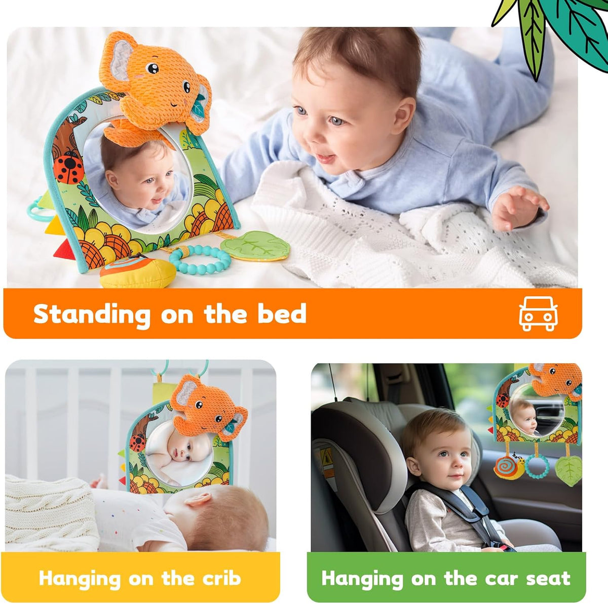 Infant Car Seat Toy - Kick and Play Activity Center with Mirror, Teether and Crinkle Paper, Fun Travel Baby Toy for Rear Car Seat, Easier Drive with Newborns, Babies