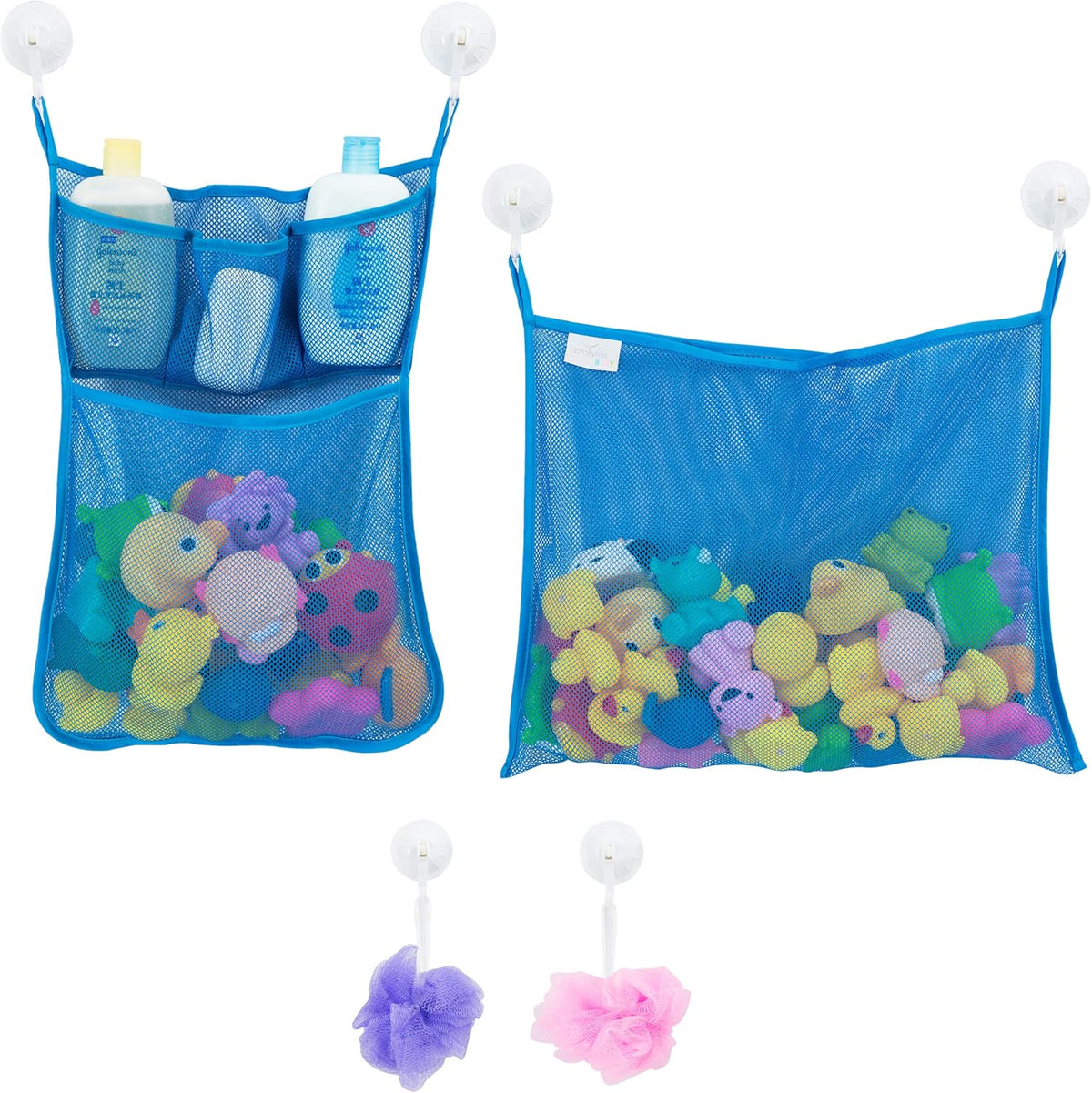 Comfylife Large Bath Toy Organizer – 3 Compartment Bath Toy Holder for Bathtub & Shower – Quick-Dry Mesh with 4 Strong Adhesive Hooks – Kids Toys Storage Net for Bathroom, shower & Tub
