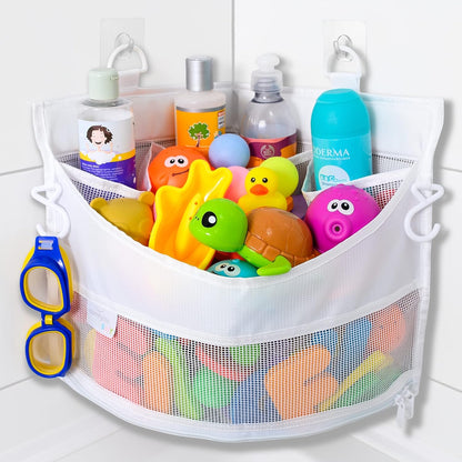 Comfylife Large Bath Toy Organizer – 3 Compartment Bath Toy Holder for Bathtub & Shower – Quick-Dry Mesh with 4 Strong Adhesive Hooks – Kids Toys Storage Net for Bathroom, shower & Tub
