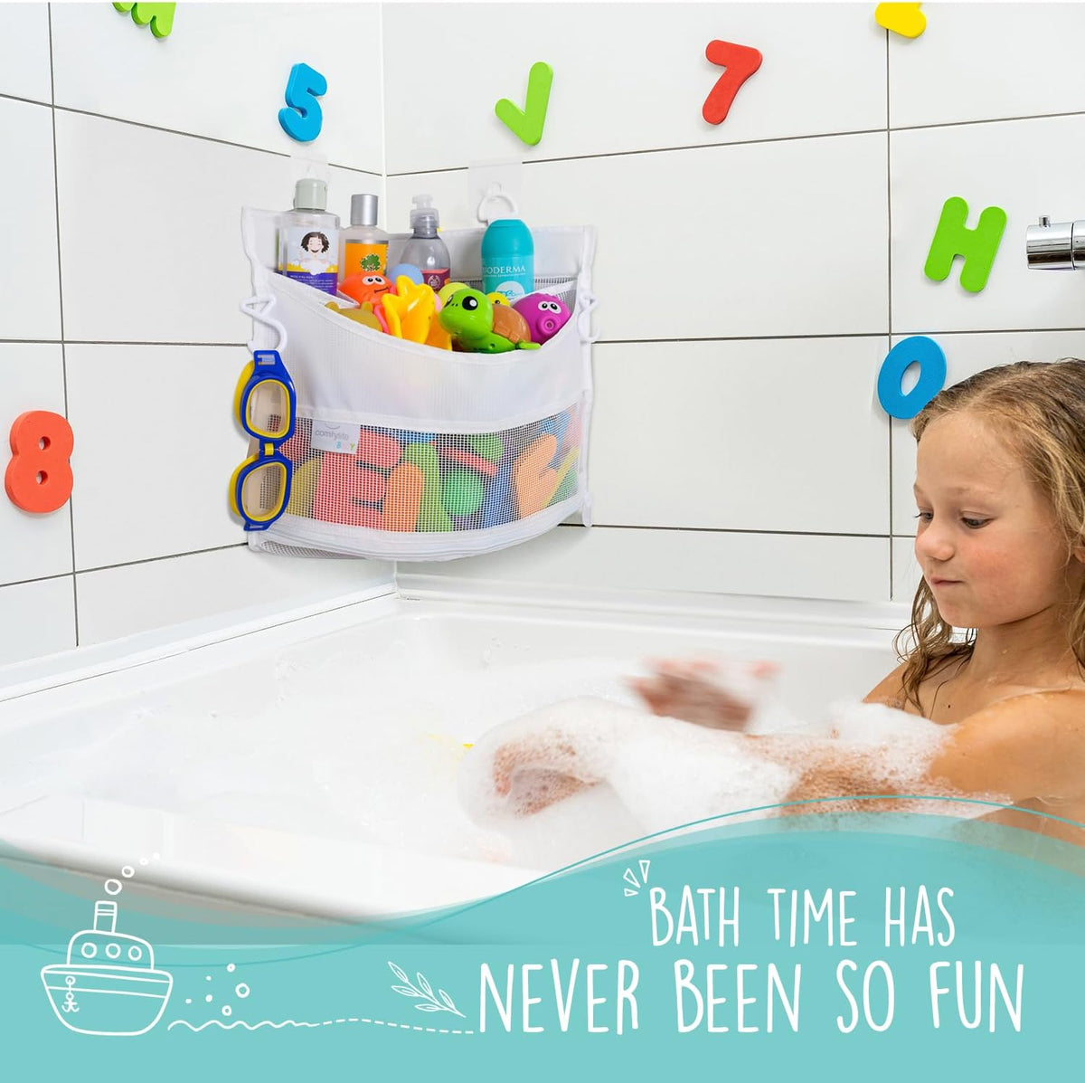 Comfylife Large Bath Toy Organizer – 3 Compartment Bath Toy Holder for Bathtub & Shower – Quick-Dry Mesh with 4 Strong Adhesive Hooks – Kids Toys Storage Net for Bathroom, shower & Tub