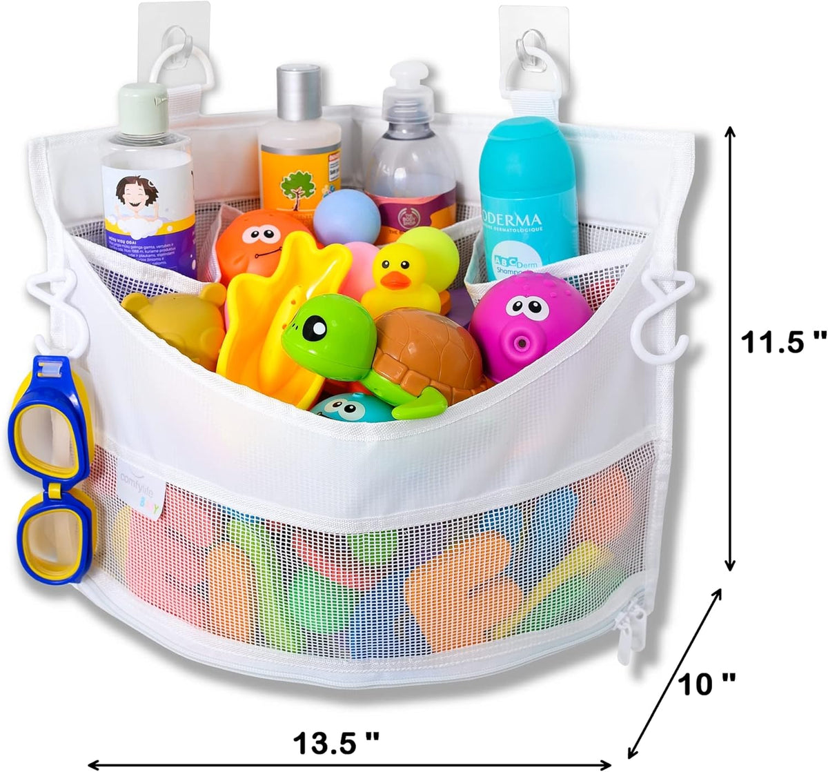 Comfylife Large Bath Toy Organizer – 3 Compartment Bath Toy Holder for Bathtub & Shower – Quick-Dry Mesh with 4 Strong Adhesive Hooks – Kids Toys Storage Net for Bathroom, shower & Tub