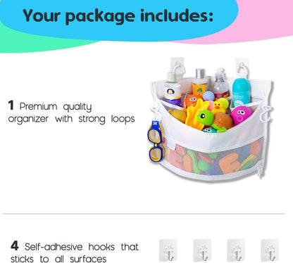 Comfylife Large Bath Toy Organizer – 3 Compartment Bath Toy Holder for Bathtub & Shower – Quick-Dry Mesh with 4 Strong Adhesive Hooks – Kids Toys Storage Net for Bathroom, shower & Tub
