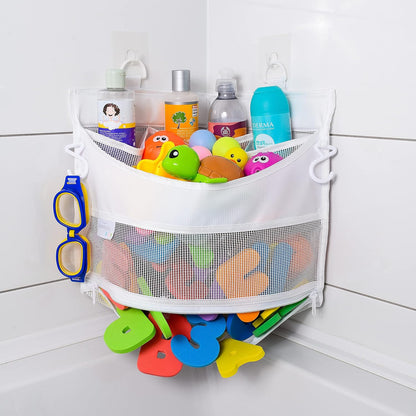 Comfylife Large Bath Toy Organizer – 3 Compartment Bath Toy Holder for Bathtub & Shower – Quick-Dry Mesh with 4 Strong Adhesive Hooks – Kids Toys Storage Net for Bathroom, shower & Tub