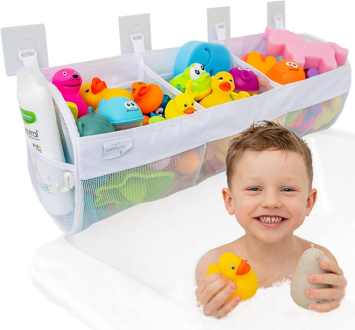Comfylife Large Bath Toy Organizer – 3 Compartment Bath Toy Holder for Bathtub & Shower – Quick-Dry Mesh with 4 Strong Adhesive Hooks – Kids Toys Storage Net for Bathroom, shower & Tub