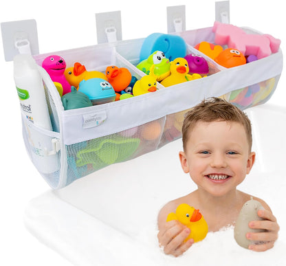 Comfylife Large Bath Toy Organizer – 3 Compartment Bath Toy Holder for Bathtub & Shower – Quick-Dry Mesh with 4 Strong Adhesive Hooks – Kids Toys Storage Net for Bathroom, shower & Tub