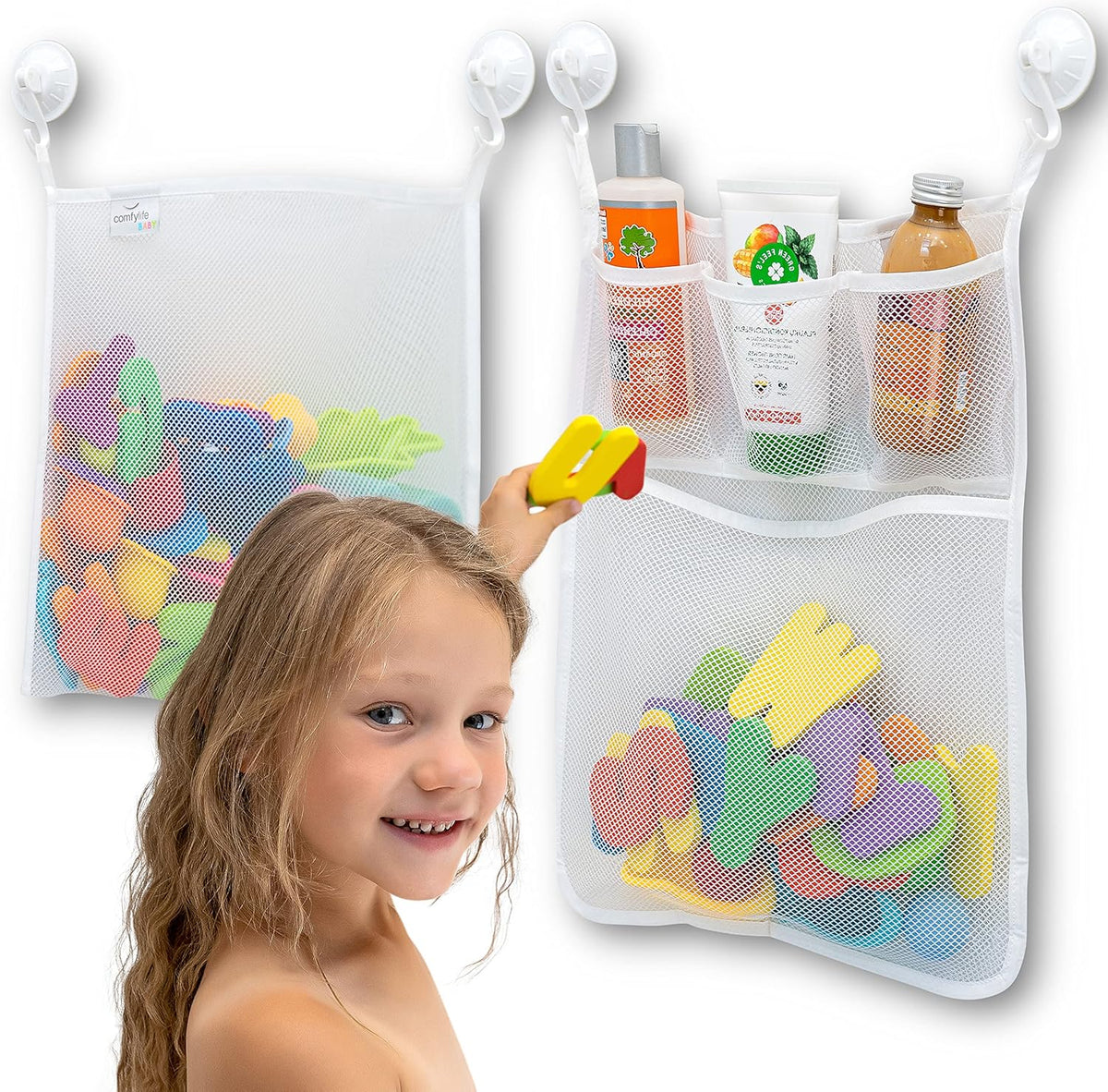 Comfylife Large Bath Toy Organizer – 3 Compartment Bath Toy Holder for Bathtub & Shower – Quick-Dry Mesh with 4 Strong Adhesive Hooks – Kids Toys Storage Net for Bathroom, shower & Tub