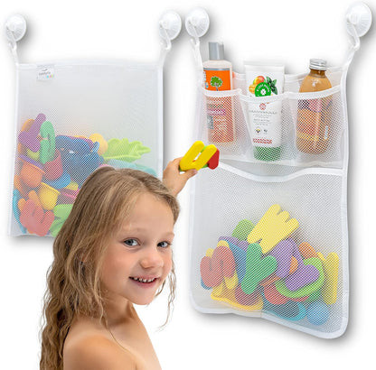 Comfylife Large Bath Toy Organizer – 3 Compartment Bath Toy Holder for Bathtub & Shower – Quick-Dry Mesh with 4 Strong Adhesive Hooks – Kids Toys Storage Net for Bathroom, shower & Tub