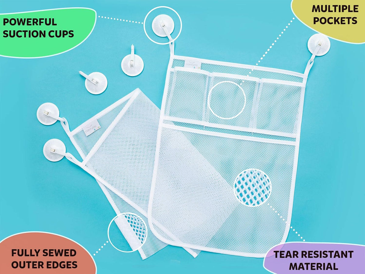 Comfylife Large Bath Toy Organizer – 3 Compartment Bath Toy Holder for Bathtub & Shower – Quick-Dry Mesh with 4 Strong Adhesive Hooks – Kids Toys Storage Net for Bathroom, shower & Tub