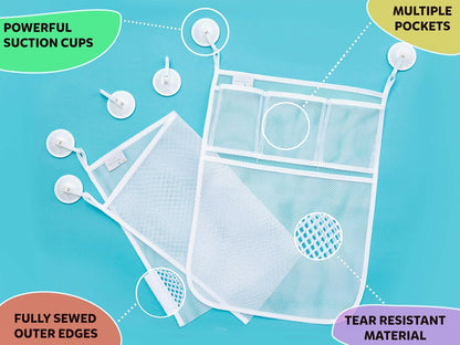 Comfylife Large Bath Toy Organizer – 3 Compartment Bath Toy Holder for Bathtub & Shower – Quick-Dry Mesh with 4 Strong Adhesive Hooks – Kids Toys Storage Net for Bathroom, shower & Tub