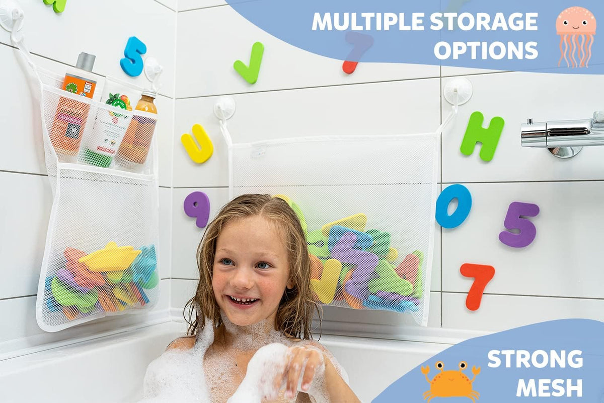 Comfylife Large Bath Toy Organizer – 3 Compartment Bath Toy Holder for Bathtub & Shower – Quick-Dry Mesh with 4 Strong Adhesive Hooks – Kids Toys Storage Net for Bathroom, shower & Tub