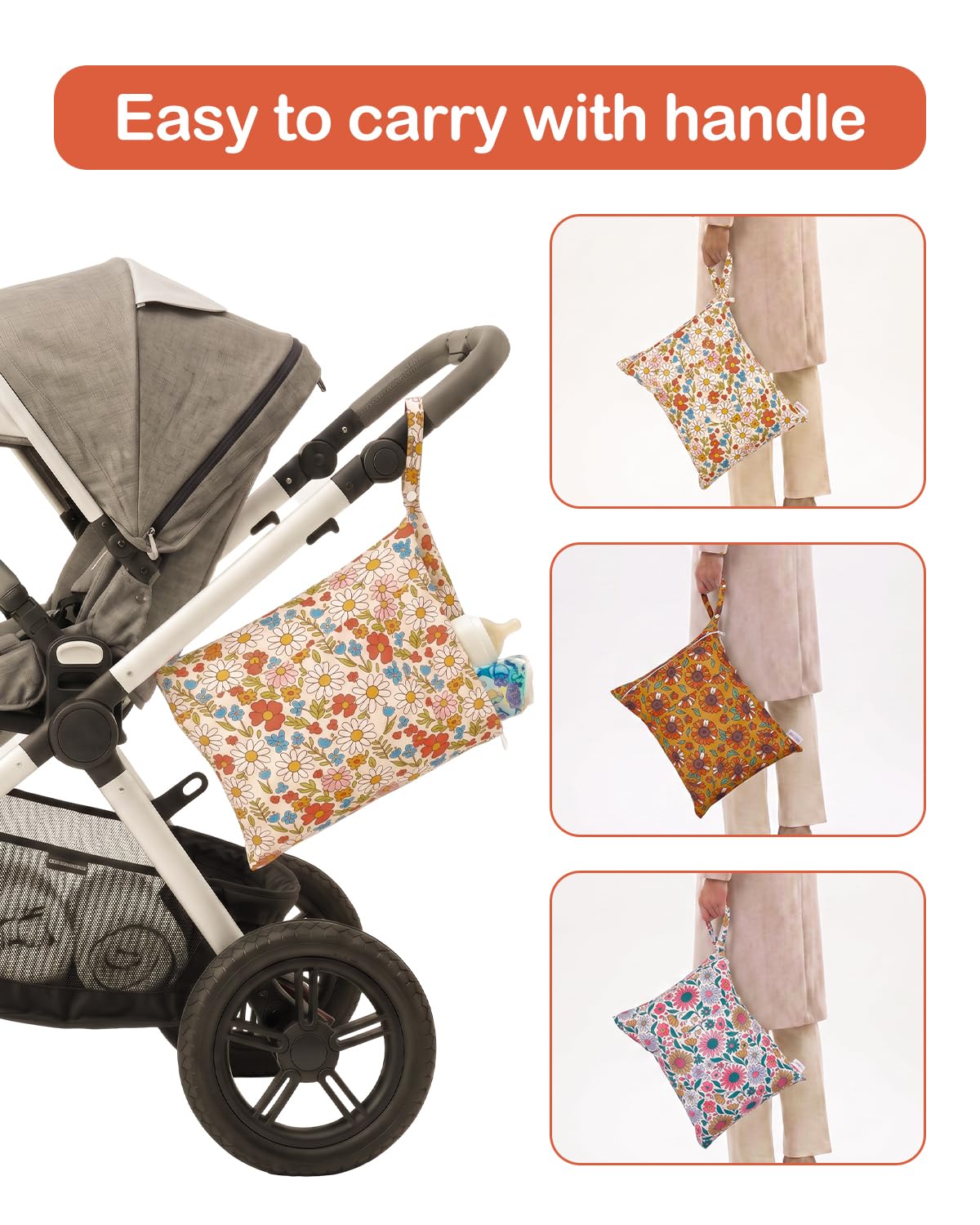3 Pcs Cloth Diaper Wet Dry Bags Waterproof Reusable with Two Zippered Pockets Travel Beach Pool Daycare Soiled Baby Items Yoga Gym Bag for Swimsuits or Wet Clothes Small Medium Large - Colors B