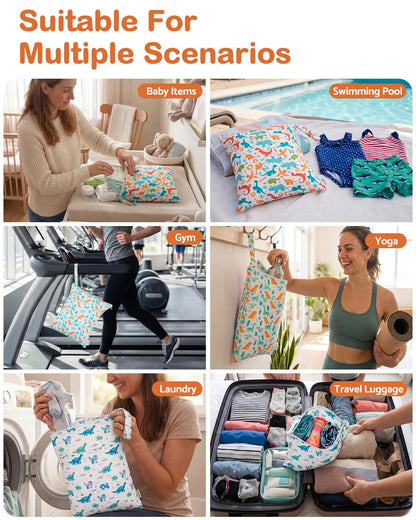 3 Pcs Cloth Diaper Wet Dry Bags Waterproof Reusable with Two Zippered Pockets Travel Beach Pool Daycare Soiled Baby Items Yoga Gym Bag for Swimsuits or Wet Clothes Small Medium Large - Colors B