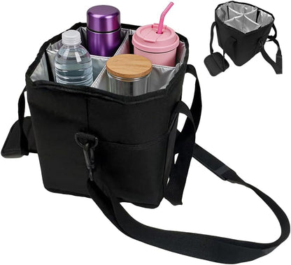 Portable 4 Compartment Insulated Drink Tote, Family Size Cup Carrier with Handle & Adjustable Shoulder Strap, Reusable Bag for Coffee Tumblers Bottles Outdoor Commute