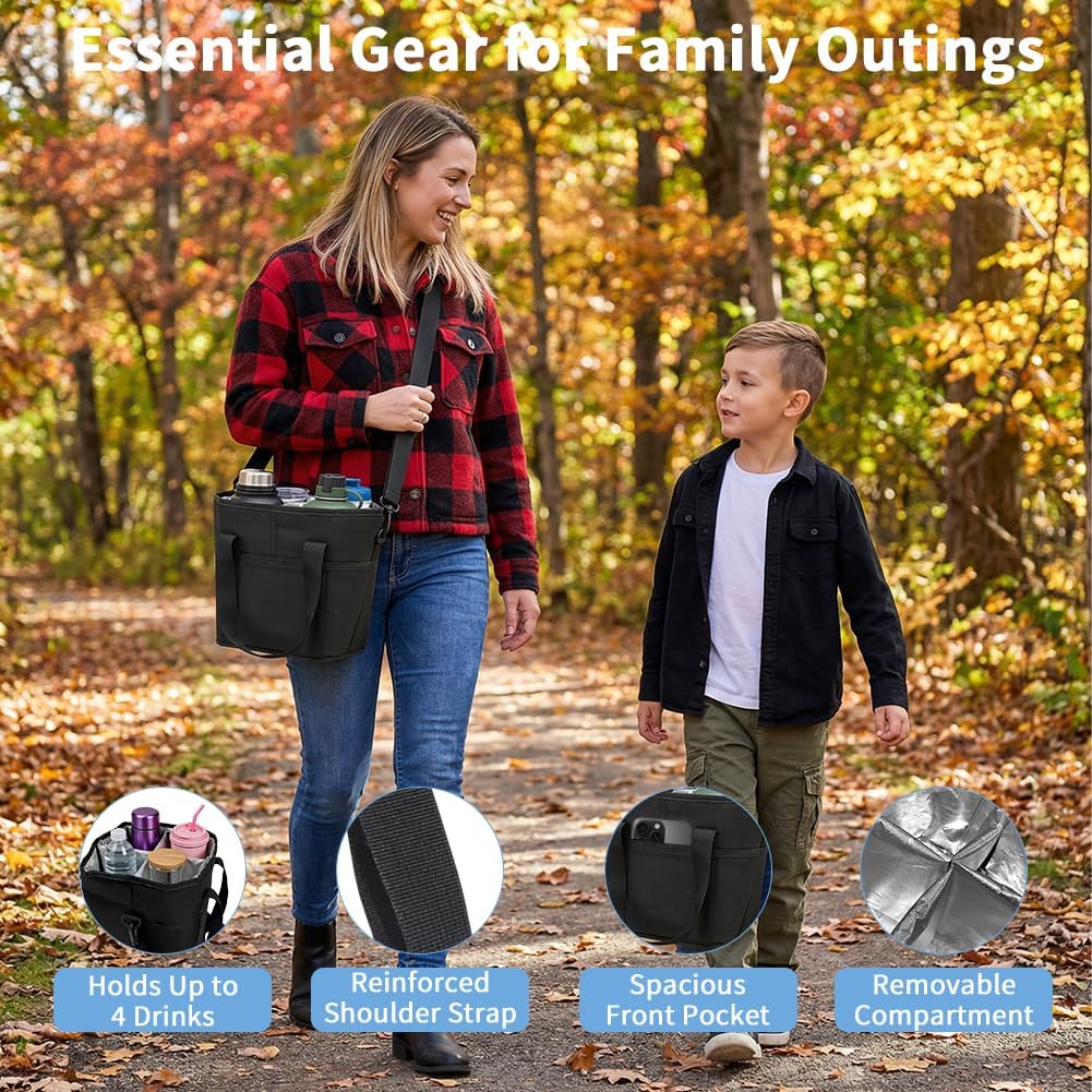 Portable 4 Compartment Insulated Drink Tote, Family Size Cup Carrier with Handle & Adjustable Shoulder Strap, Reusable Bag for Coffee Tumblers Bottles Outdoor Commute
