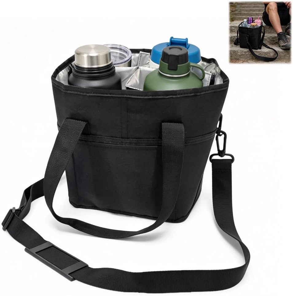 Portable 4 Compartment Insulated Drink Tote, Family Size Cup Carrier with Handle & Adjustable Shoulder Strap, Reusable Bag for Coffee Tumblers Bottles Outdoor Commute