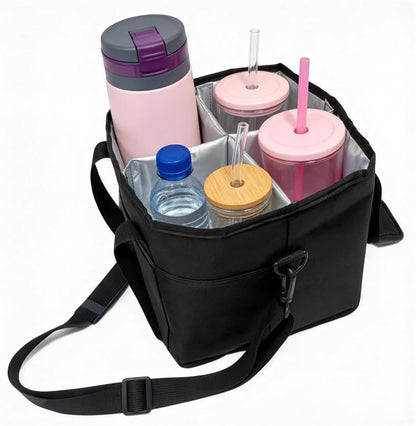 Portable 4 Compartment Insulated Drink Tote, Family Size Cup Carrier with Handle & Adjustable Shoulder Strap, Reusable Bag for Coffee Tumblers Bottles Outdoor Commute