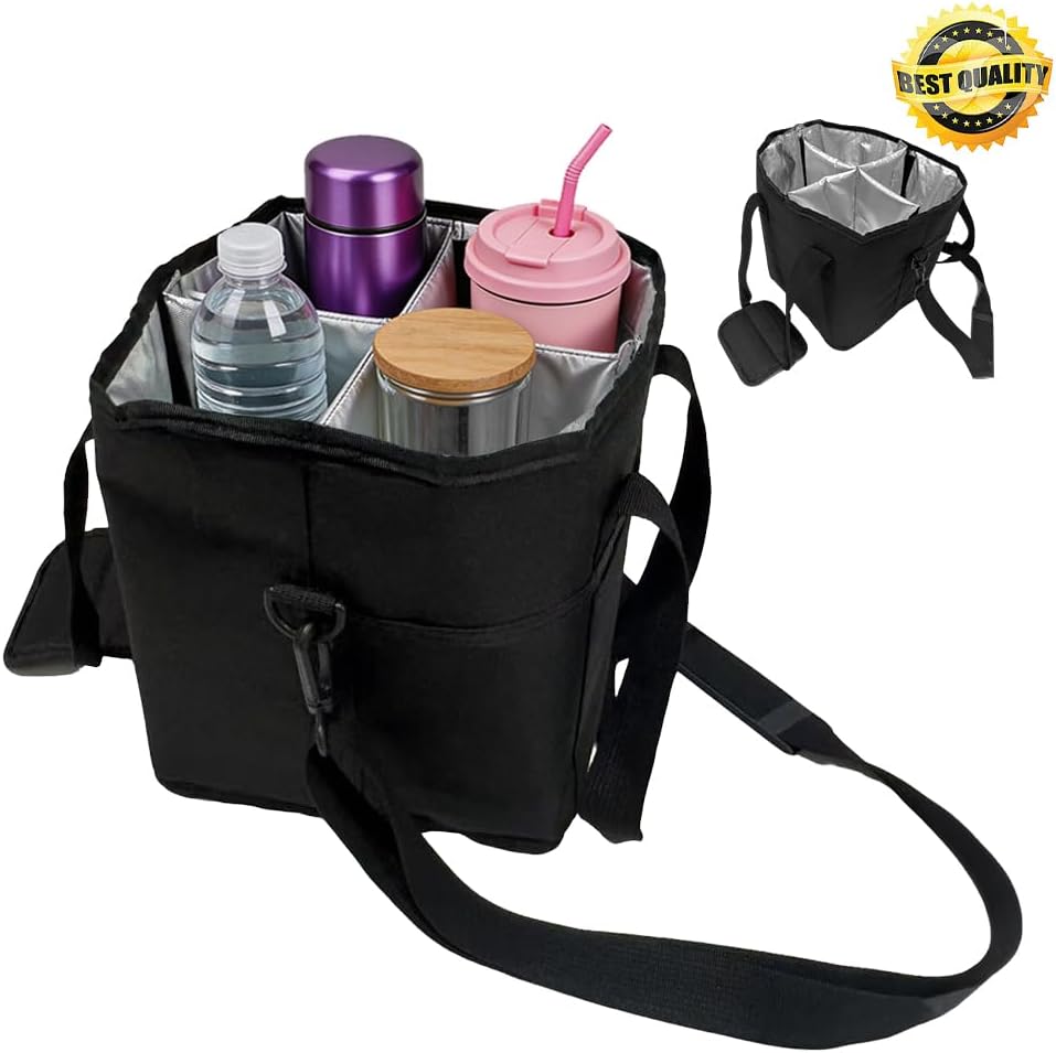 Portable 4 Compartment Insulated Drink Tote, Family Size Cup Carrier with Handle & Adjustable Shoulder Strap, Reusable Bag for Coffee Tumblers Bottles Outdoor Commute