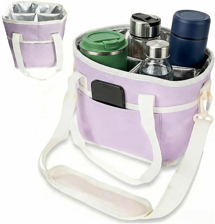 Portable 4 Compartment Insulated Drink Tote, Family Size Cup Carrier with Handle & Adjustable Shoulder Strap, Reusable Bag for Coffee Tumblers Bottles Outdoor Commute