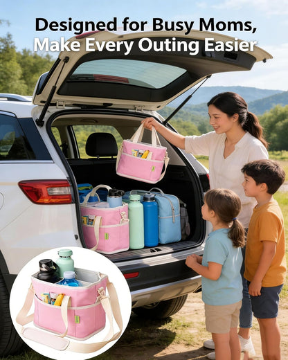 Portable 4 Compartment Insulated Drink Tote, Family Size Cup Carrier with Handle & Adjustable Shoulder Strap, Reusable Bag for Coffee Tumblers Bottles Outdoor Commute