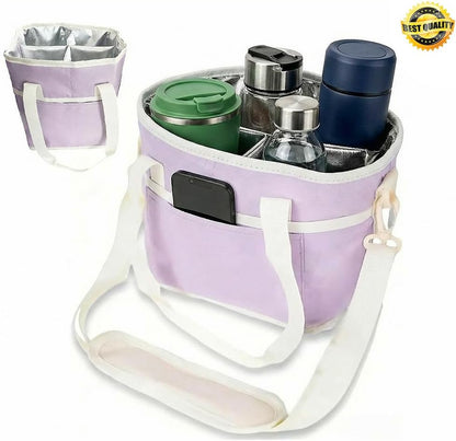 Portable 4 Compartment Insulated Drink Tote, Family Size Cup Carrier with Handle & Adjustable Shoulder Strap, Reusable Bag for Coffee Tumblers Bottles Outdoor Commute