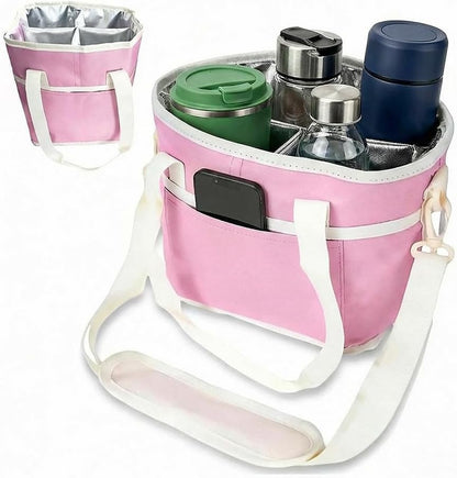 Portable 4 Compartment Insulated Drink Tote, Family Size Cup Carrier with Handle & Adjustable Shoulder Strap, Reusable Bag for Coffee Tumblers Bottles Outdoor Commute