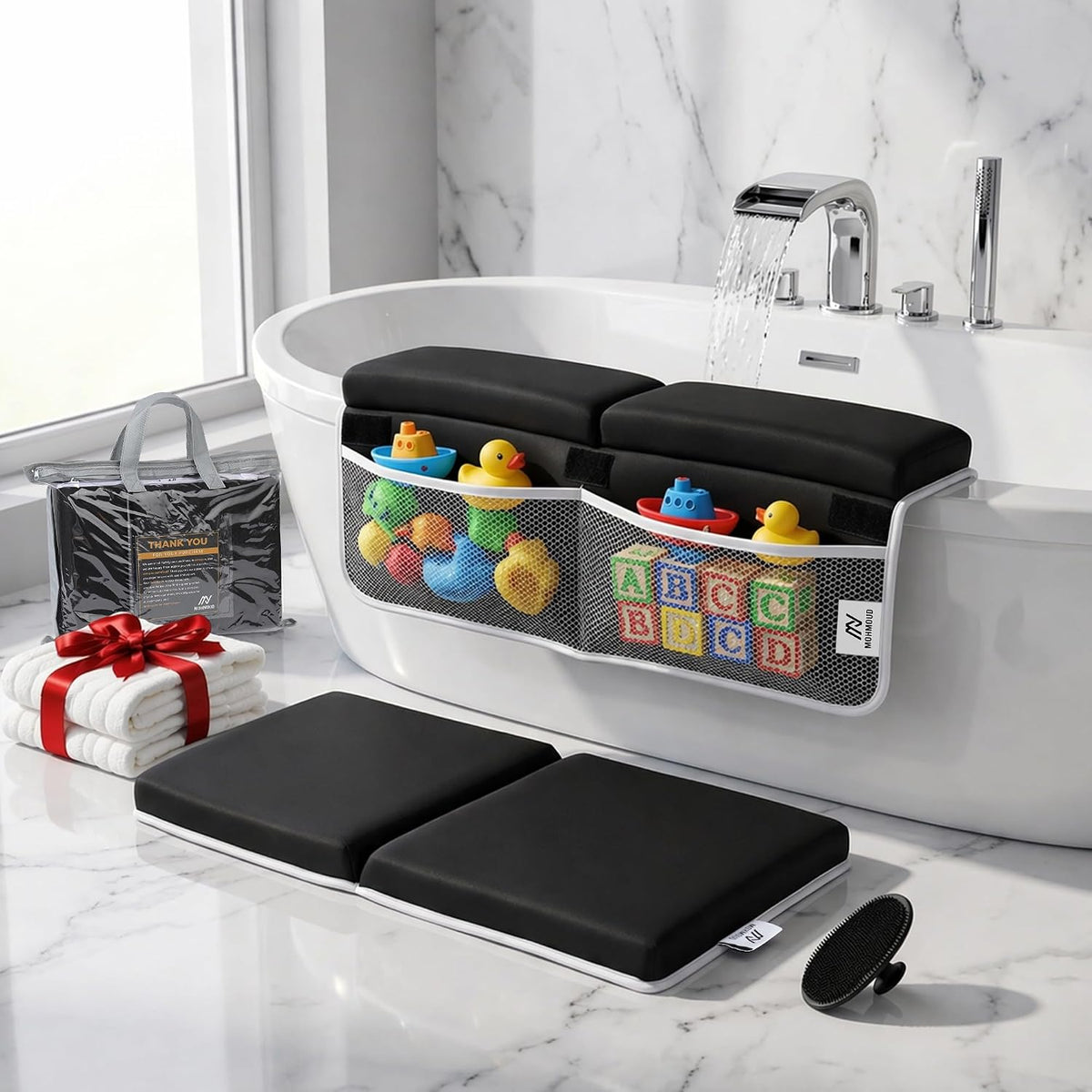 Comfortable Baby Bath Kneeler and Elbow Rest Pad Set — Kneeling Pad for Bathing Baby, Relieves Knee and Elbow Pain, Non-Slip Bathtub Kneeling Pad with Toy Organizer, Bonus Brush and Washcloth