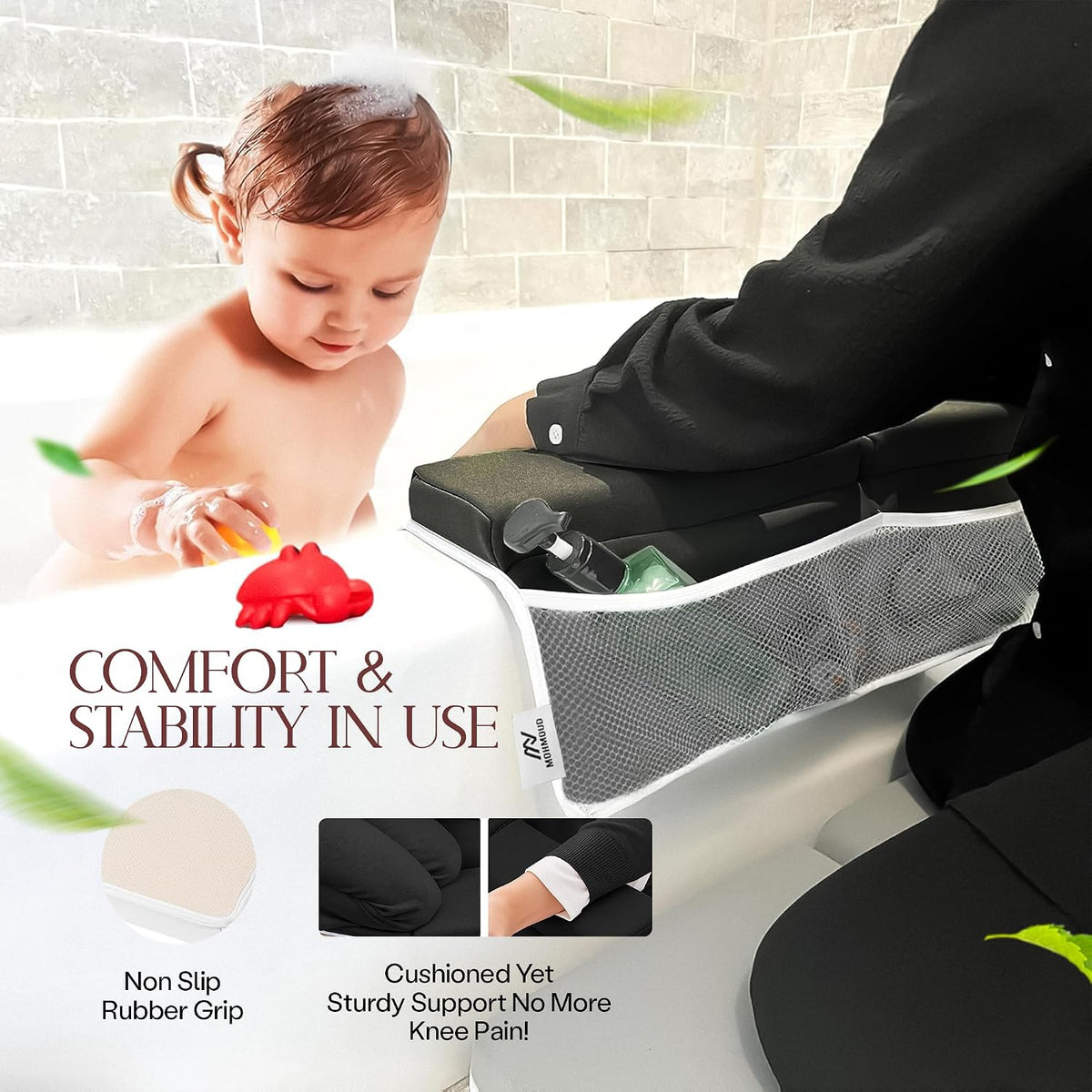 Comfortable Baby Bath Kneeler and Elbow Rest Pad Set — Kneeling Pad for Bathing Baby, Relieves Knee and Elbow Pain, Non-Slip Bathtub Kneeling Pad with Toy Organizer, Bonus Brush and Washcloth